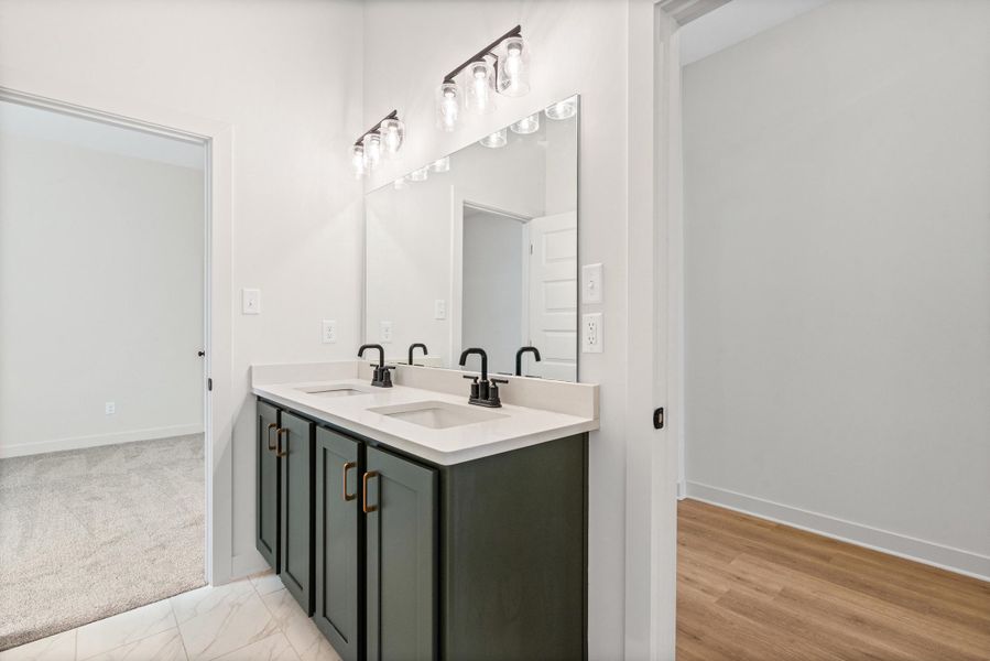 Full bath with double vanity and light carpet