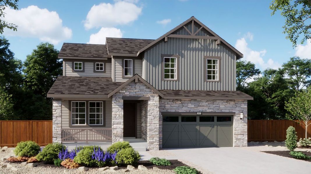 Front exterior of a new home in The Manors Collection at Golden Overlook, Golden, CO, highlighting curb appeal (Image 1).