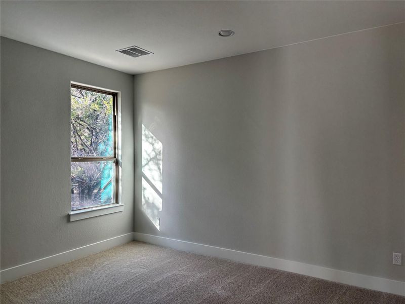 Spare room featuring carpet, visible vents, and baseboards