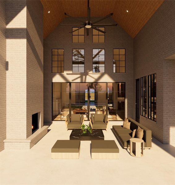 Elevated yet inviting, this outdoor living area is defined by its architectural volume and thoughtful design. From the glow of the fireplace to the open sightlines beyond, every element is crafted for comfort, connection, and quiet luxury.