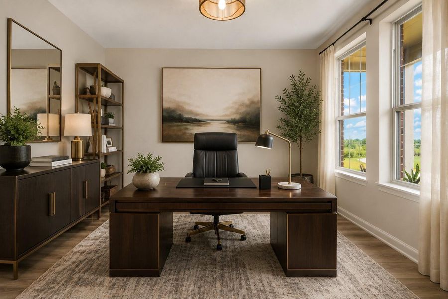Located near the front entrance and facing the front lawn, this versatile room can be adapted to suit your needs. Virtually staged to provide a sense of scale and possibilities, it can serve as a home office, sitting room, playroom, or additional living space. (Virtually Staged)