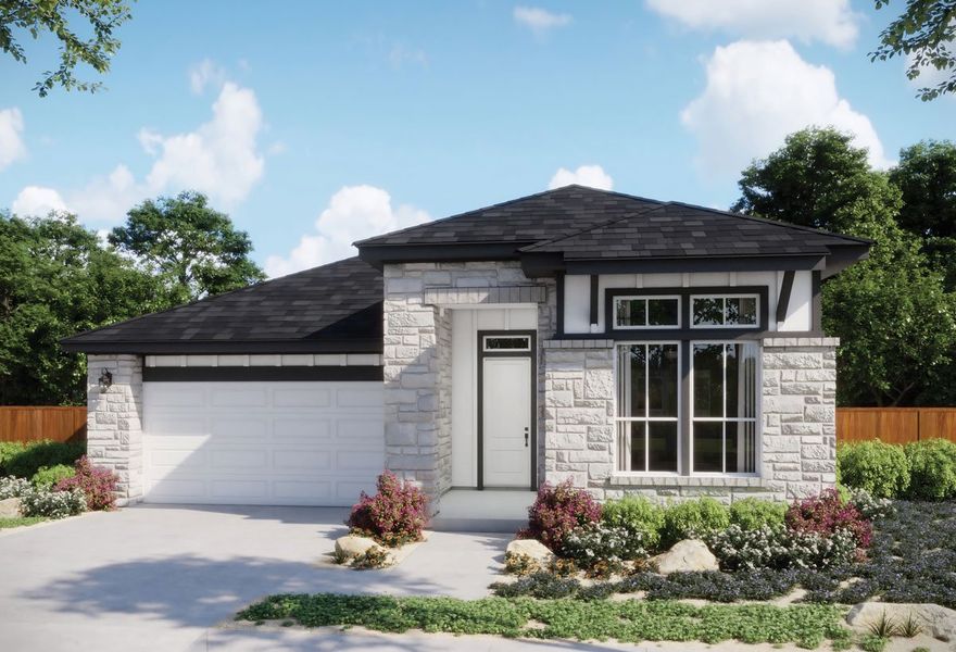 Front exterior of a new home in Persimmon, Buda, TX, highlighting curb appeal (Image 1). Front exterior of a new home in Persimmon, Buda, TX, highlighting curb appeal (Image 1).
