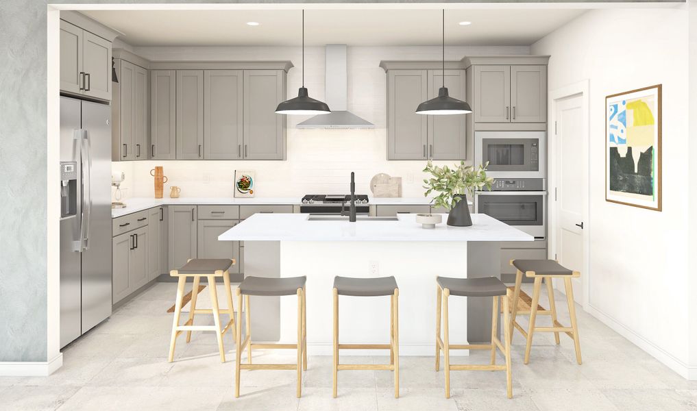 Kitchen with staggered cabinets, pendant lighting and matte black fixutures