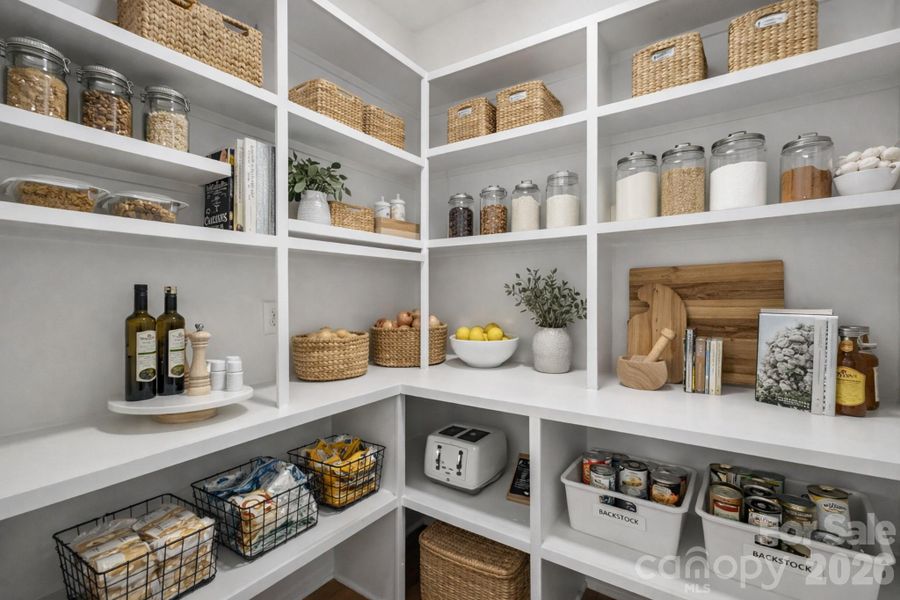 Generous Walk-In Pantry w/Wooden Shelving-Virtually Staged