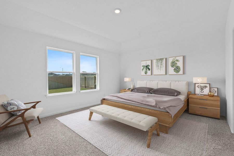 Bedroom with light colored carpet and recessed lighting Bedroom with light colored carpet and recessed lighting