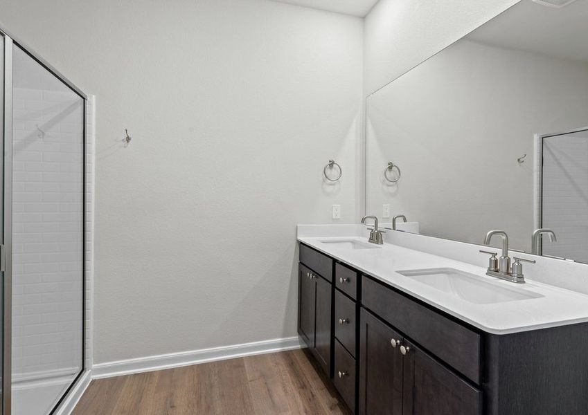 The master bathroom has a sprawling dual-sink vanity. The master bathroom has a sprawling dual-sink vanity.