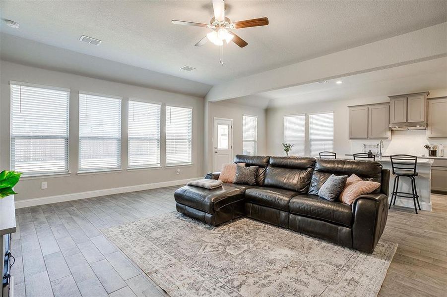 Living room featuring ceiling fan