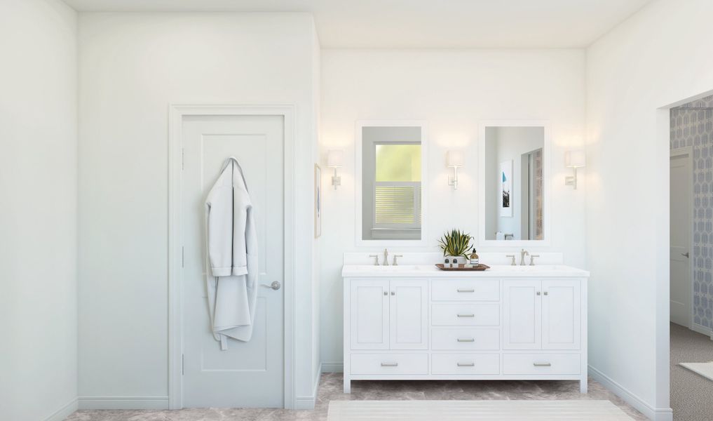 Primary bath with freestanding vanity and brushed nickel finishes