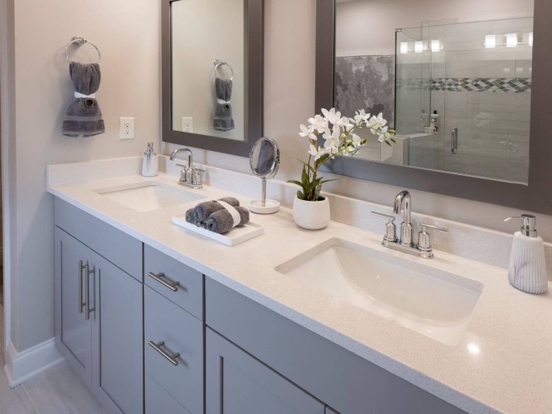 The luxurious primary bathroom features dual sinks and a spacious walk-in closet.