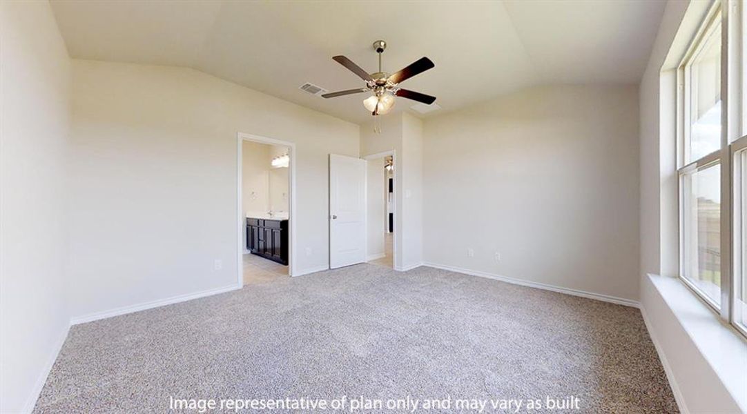 Unfurnished bedroom with light carpet, lofted ceiling, a ceiling fan, and connected bathroom Unfurnished bedroom with light carpet, lofted ceiling, a ceiling fan, and connected bathroom