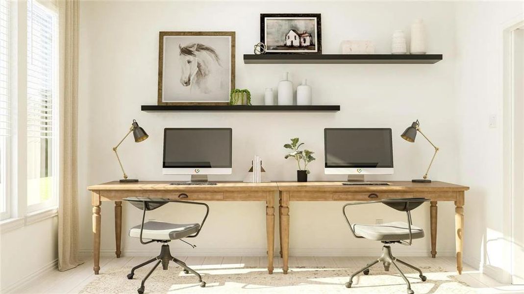 Dedicated workspace featuring dual light-toned wood-finish desks, wall-mounted shelving, and white walls Dedicated workspace featuring dual light-toned wood-finish desks, wall-mounted shelving, and white walls