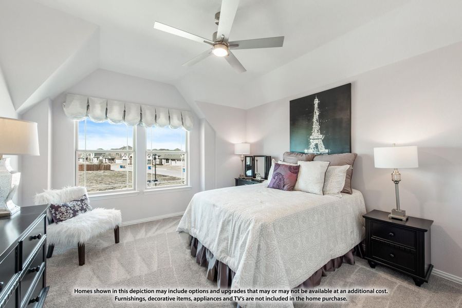 Bedroom with vaulted ceiling, ceiling fan, carpet flooring, and large windows overlooking a neighborhood Bedroom with vaulted ceiling, ceiling fan, carpet flooring, and large windows overlooking a neighborhood