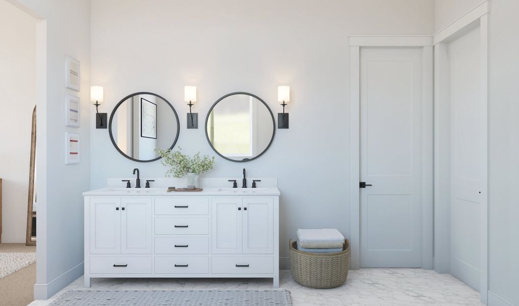 Primary bath featuring freestanding vanity with dual sinks