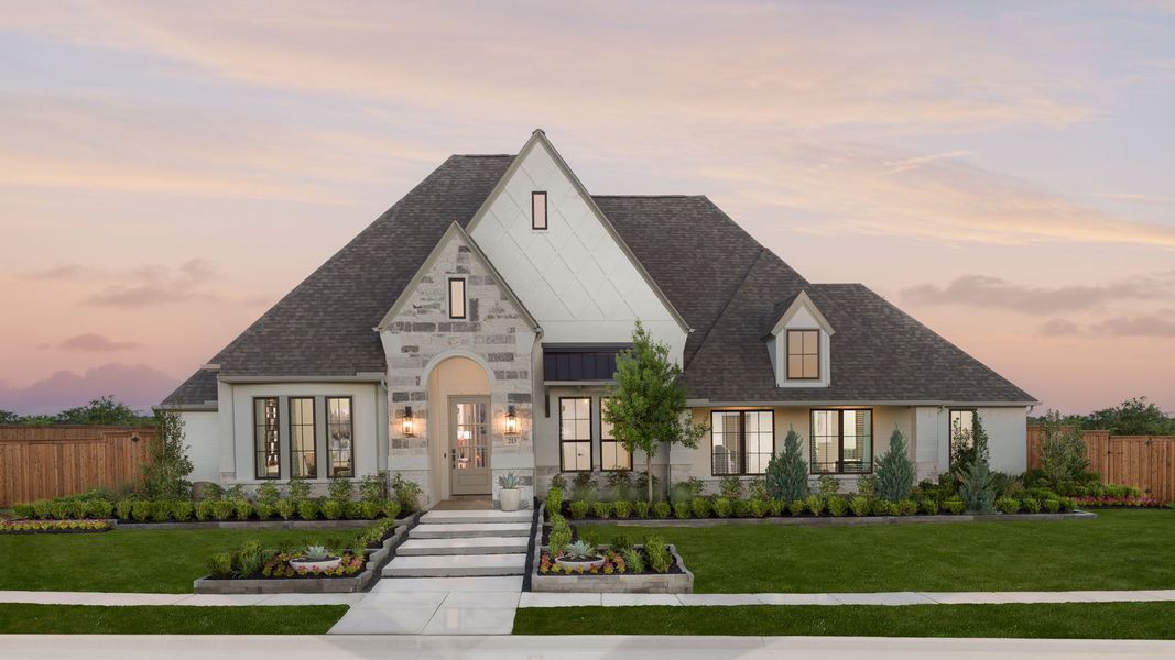 Front exterior of a new home in Parkside on the River West, Georgetown, TX, highlighting curb appeal (Image 18).
