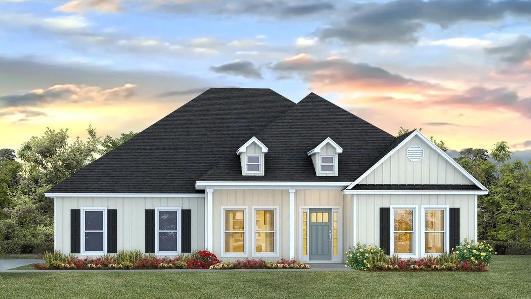 Front exterior of a new home in Greystone, Crawfordville, FL, highlighting curb appeal (Image 1).
