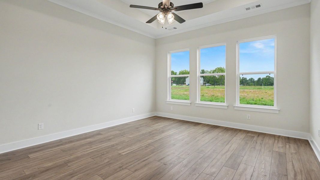 Primary suite with tray ceiling, ceiling fan, and hard surface flooring