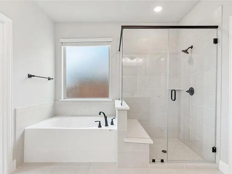 Full bathroom with a garden tub, a shower stall, tile patterned floors, and recessed lighting