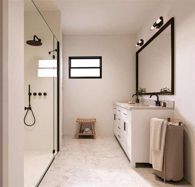 Bathroom featuring vanity and a shower