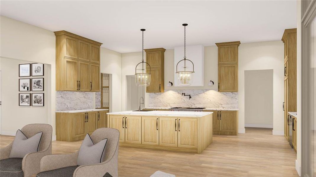 Behind the stove wall lies the walk-through pantry. To the right of the kitchen are the breakfast area, mudroom entrance from the garage, and utility room.