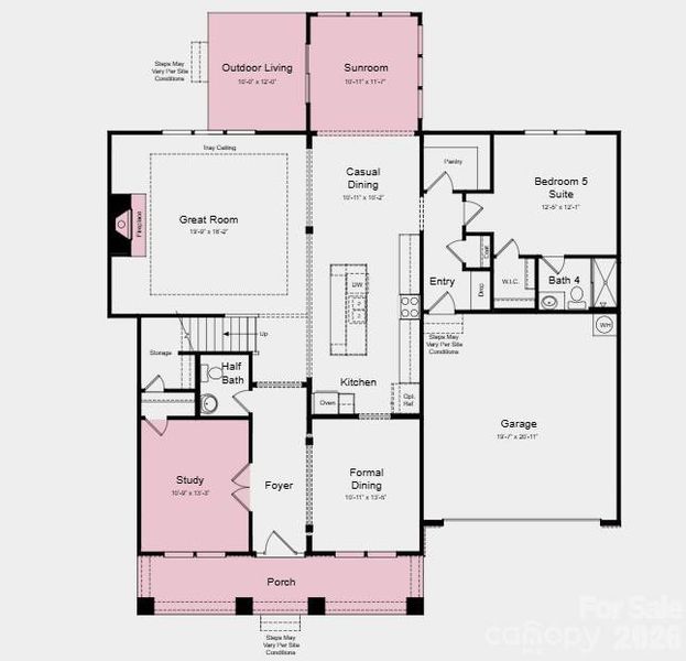 First Floor Plan - Additional Highlights Include: study in place of a flex room, a tray ceiling in the great room, a fireplace in the great room, a sunroom, a shower in a secondary bathroom, additional windows added to the primary bedroom, and an oversized shower in the primary bathroom