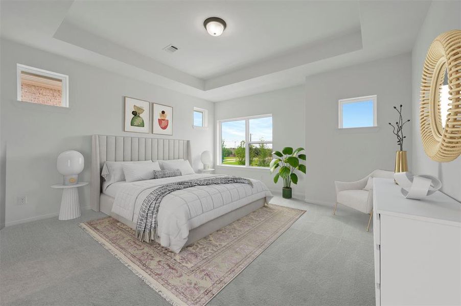 Expansive room featuring a tray ceiling, light gray carpet flooring, and multiple windows