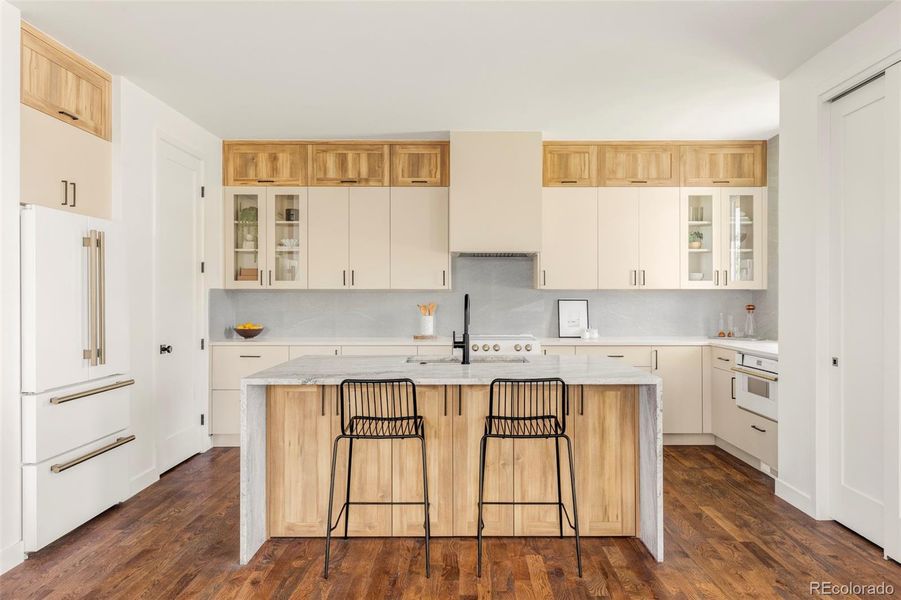 42-inch cabinets with extra top stack, storage under island too. 42-inch cabinets with extra top stack, storage under island too.