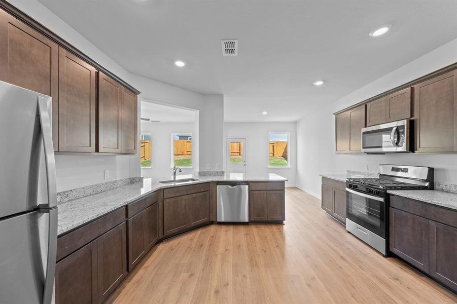 Kitchen with appliances with stainless steel finishes, dark cabinets, and light wood-style floors