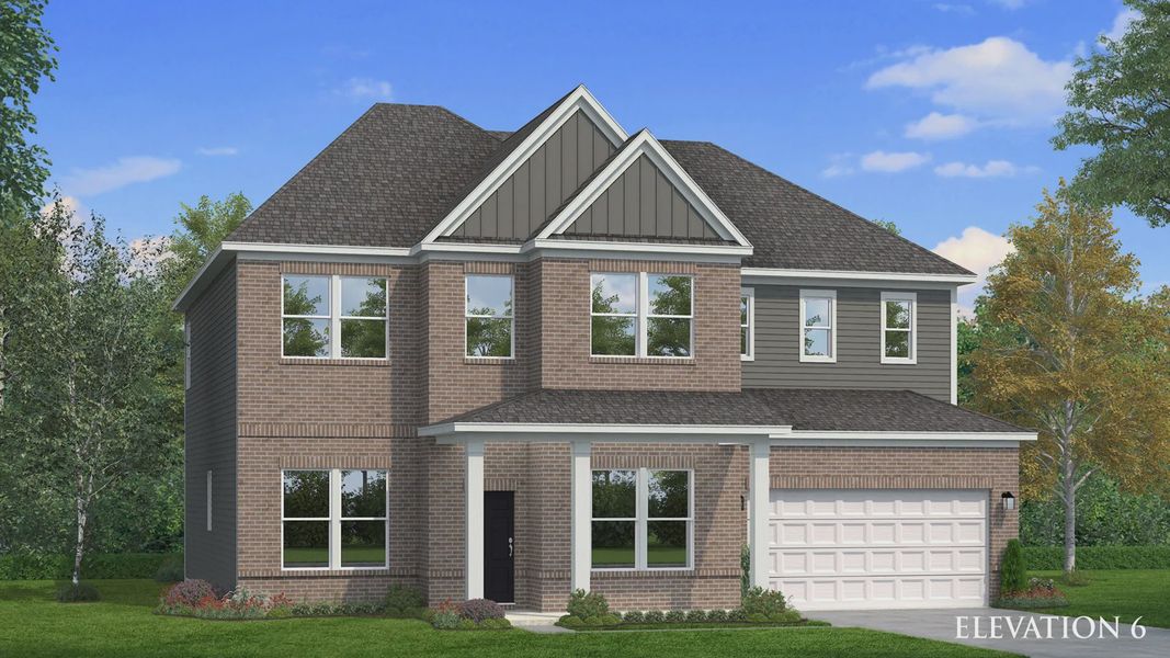 Exterior Rendering of home with brick facade, accent siding, and covered front porch Exterior Rendering of home with brick facade, accent siding, and covered front porch