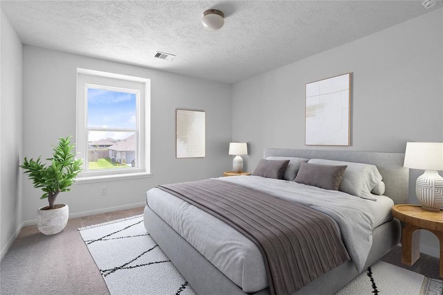 Secondary bedroom features plush carpet, custom paint and a large window.