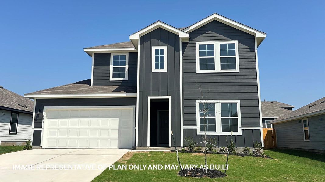 Front exterior of a new home in Durango, Mustang Ridge, TX, highlighting curb appeal (Image 1). Front exterior of a new home in Durango, Mustang Ridge, TX, highlighting curb appeal (Image 1).