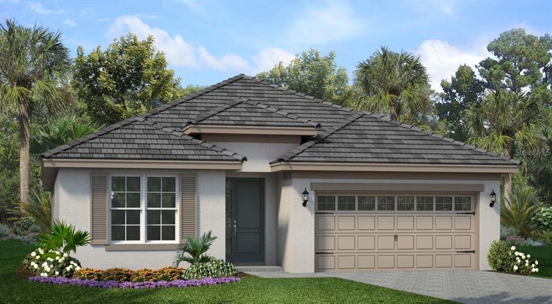Front exterior of a new home in Tamarack at Two Rivers, Zephyrhills, FL, highlighting curb appeal (Image 1).