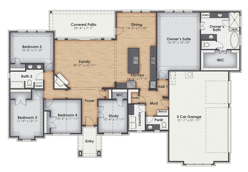 2D floor plan layout for the The Houston by Kenmark Homes in Cotten Creek, Azle, TX (Image 3). 2D floor plan layout for the The Houston by Kenmark Homes in Cotten Creek, Azle, TX (Image 3).