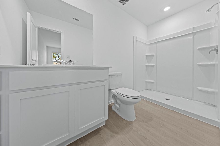 Full bathroom featuring a stall shower, light wood-style floors, and vanity Full bathroom featuring a stall shower, light wood-style floors, and vanity