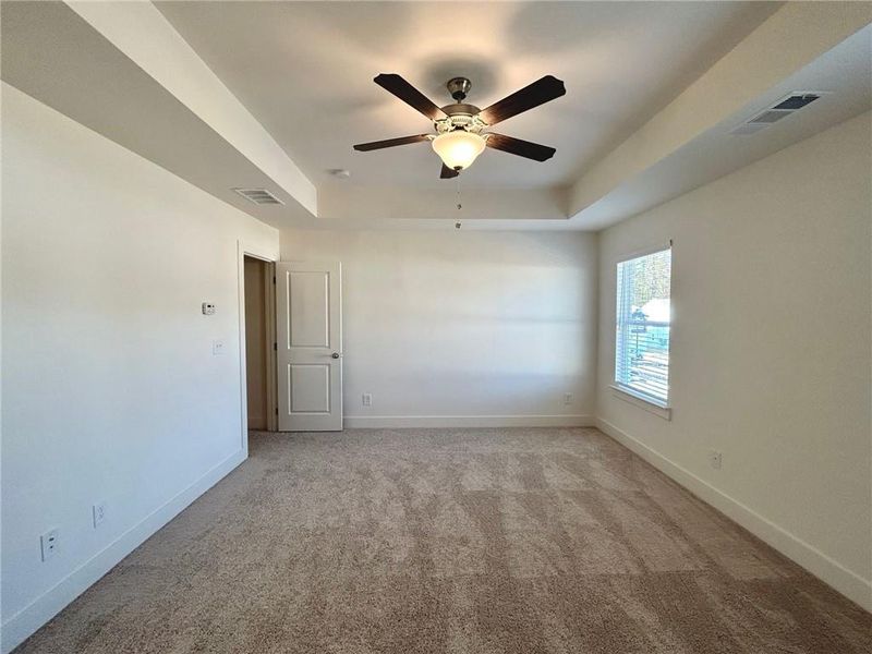 Unfurnished room with light colored carpet, ceiling fan, and a raised ceiling