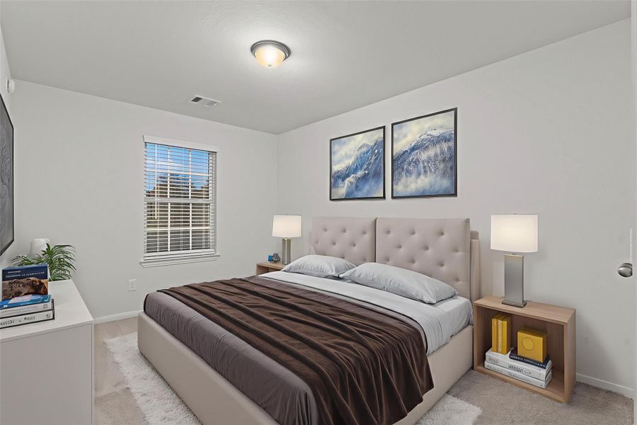 Another virtually staged secondary bedroom highlights a warm and inviting setup with space for a full-sized bed and additional furnishings. It’s a versatile room that can easily serve as a guest suite or hobby space.