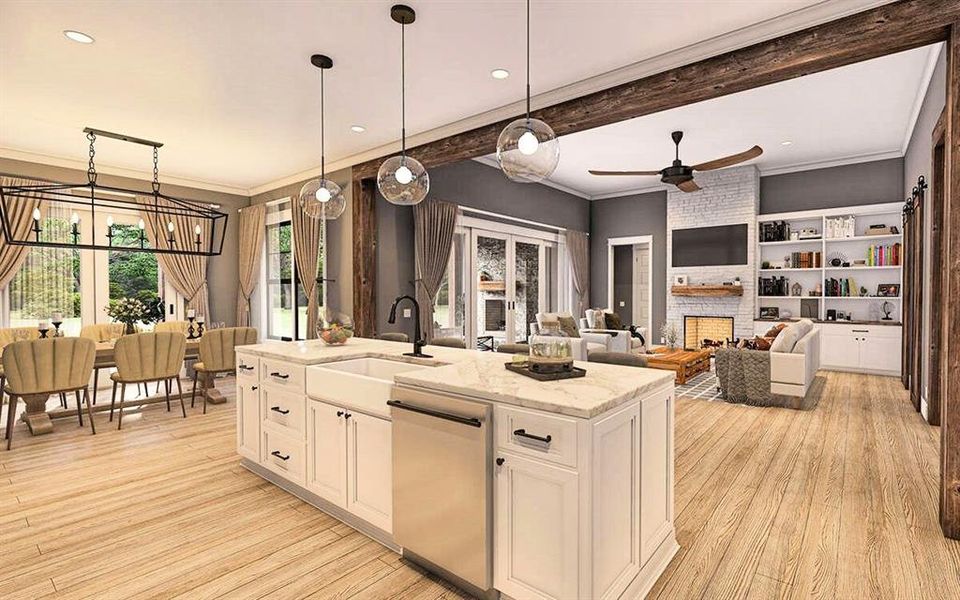 Kitchen with crown molding, pendant lighting, white cabinets, light stone countertops, and beamed ceiling Kitchen with crown molding, pendant lighting, white cabinets, light stone countertops, and beamed ceiling