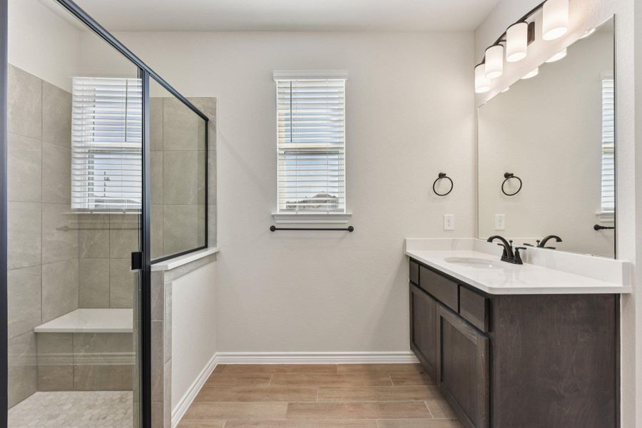 Bathroom with vanity, wood finish floors, and a shower stall