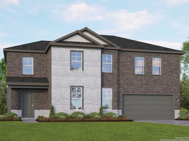 Front exterior of a new home in The Reserve at Potranco Oaks, Castroville, TX, highlighting curb appeal (Image 2).