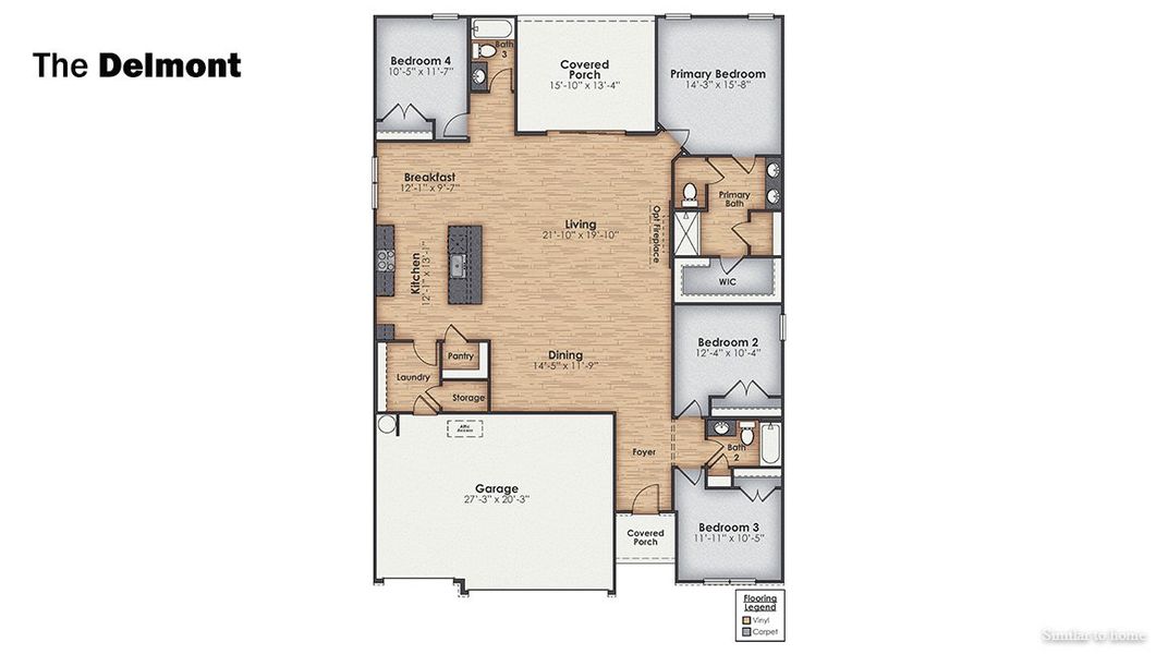 2D floor plan layout for the Delmont by D.R. Horton in Merchant Point, Jacksonville, NC (Image 5).