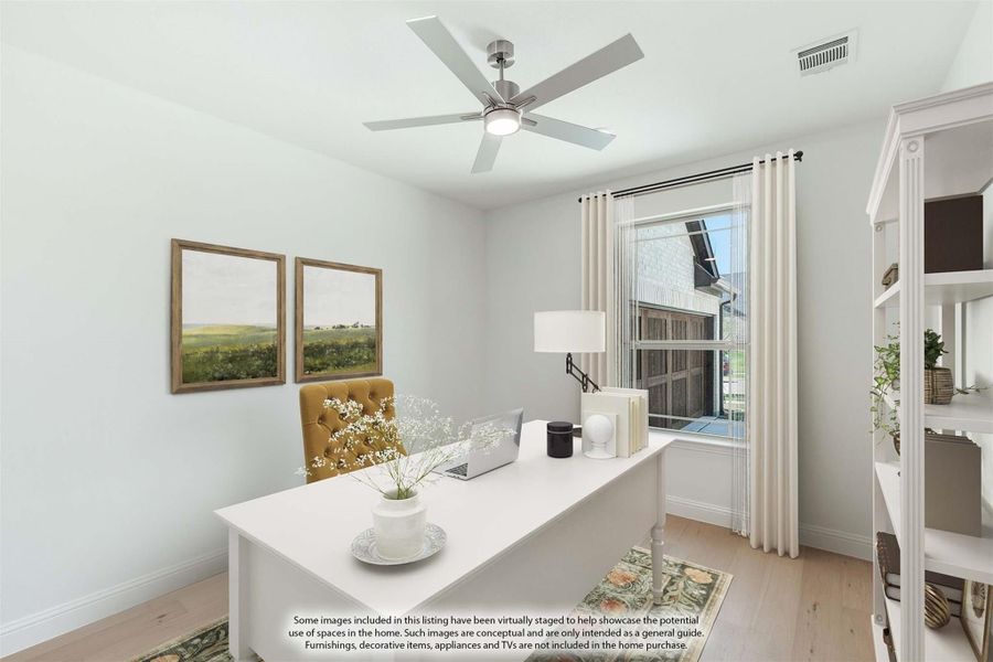 Home office with white desk, ceiling fan, hardwood floors, and window with curtains