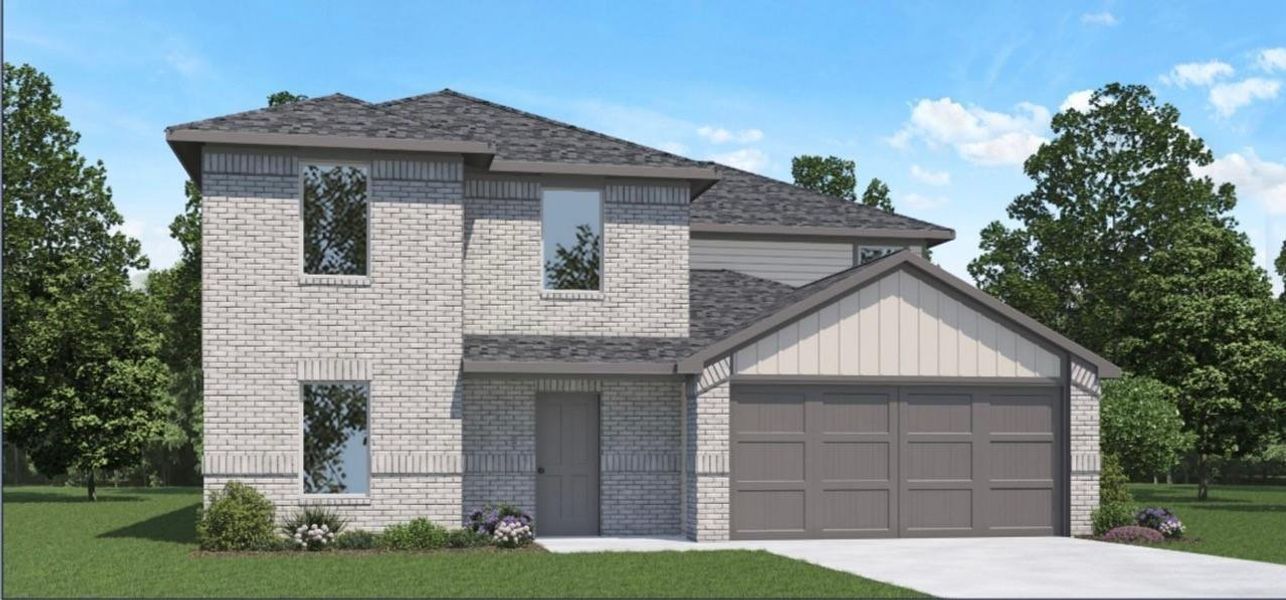 Front exterior of a new home in Sunterra, Katy, TX, highlighting curb appeal (Image 1).