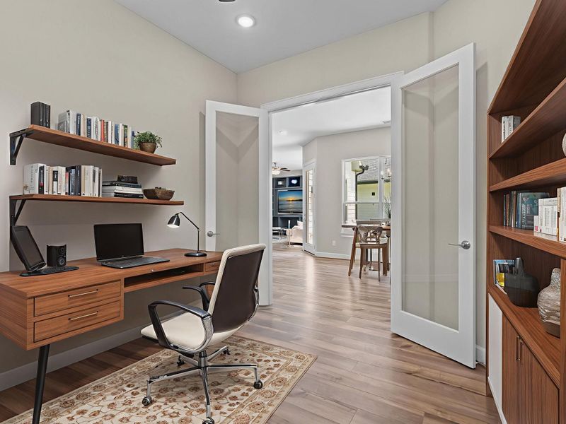 The Portico’s flexible space adapts to your needs—ideal as a home office, playroom, or creative studio. With a bright, open layout, it provides endless possibilities to customize the space to fit your lifestyle. Image depicts home as-is virtually staged.