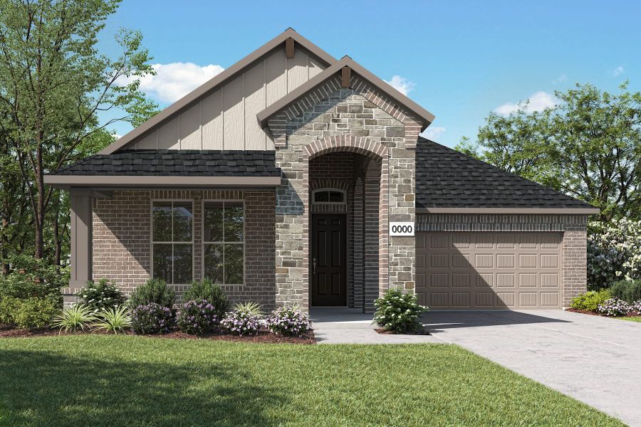 Front exterior of a new home in View at the Reserve, Mansfield, TX, highlighting curb appeal (Image 1). Front exterior of a new home in View at the Reserve, Mansfield, TX, highlighting curb appeal (Image 1).