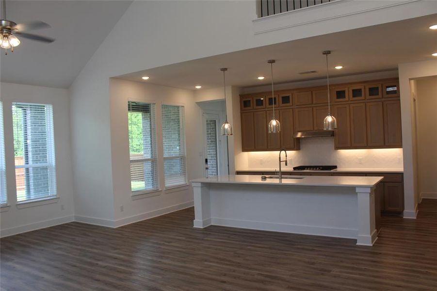 Kitchen with under cabinet range hood, dark wood-type flooring, a ceiling fan, light countertops, and recessed lighting