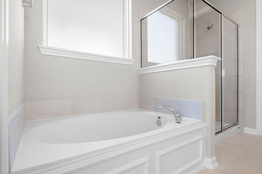 This additional view of your primary bathroom features tile flooring, fresh paint, walk-in shower, a separate garden tub, and a large walk-in closet.