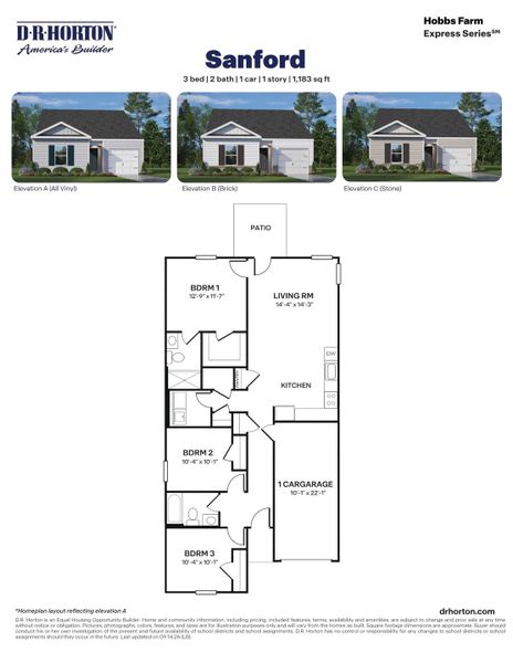 2D floor plan layout for the Sanford - Express by D.R. Horton in Hobbs Farm, Ayden, NC (Image 3).