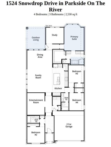 2D floor plan layout of this home in Parkside On The River, Georgetown, TX (Image 3).