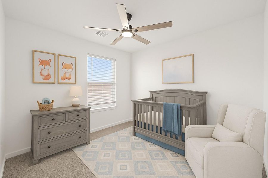 The final secondary bedroom is spacious and features bright natural light, plush carpet, a ceiing fan, and a spacious closet. *This room has been virtually staged.