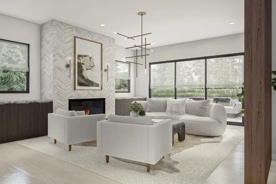 Living room with an inviting chandelier, recessed lighting, an accent wall, a tile fireplace, and wood finished floors