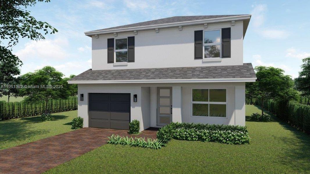 Front exterior of a new home in Baywood II, Florida City, FL, highlighting curb appeal (Image 1). Front exterior of a new home in Baywood II, Florida City, FL, highlighting curb appeal (Image 1).